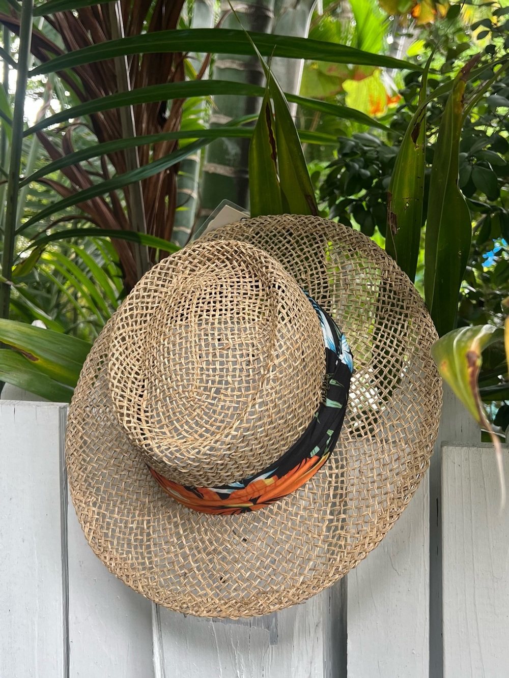 Woven Straw Hat with Tropical Pattern Band- Sun Hat, Beach Hat, Vacation Hat